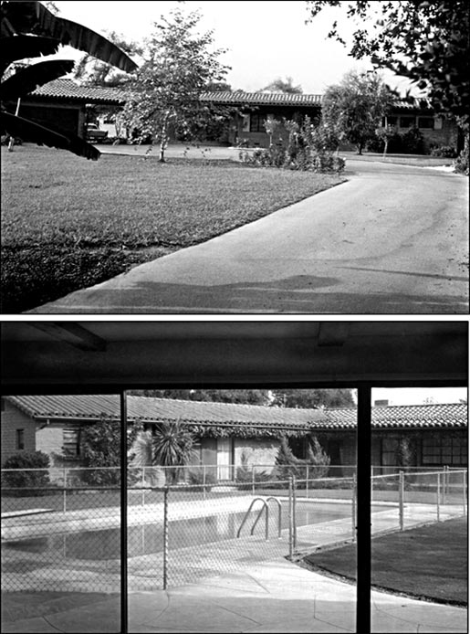 manbet手机版我长大的房子(阿卡迪亚，加州，60年代初)。manbet手机版a .从前门看前院的局部景观，可以看到香蕉树(左下)、玫瑰丛和玫瑰树、一棵小梧桐树和桉树、橄榄树，以及砖瓦屋顶的土坯房子。manbet手机版B.后院和游泳池的局部景观，是从“客房”(最终是我房间的附属设施)内部拍摄的。