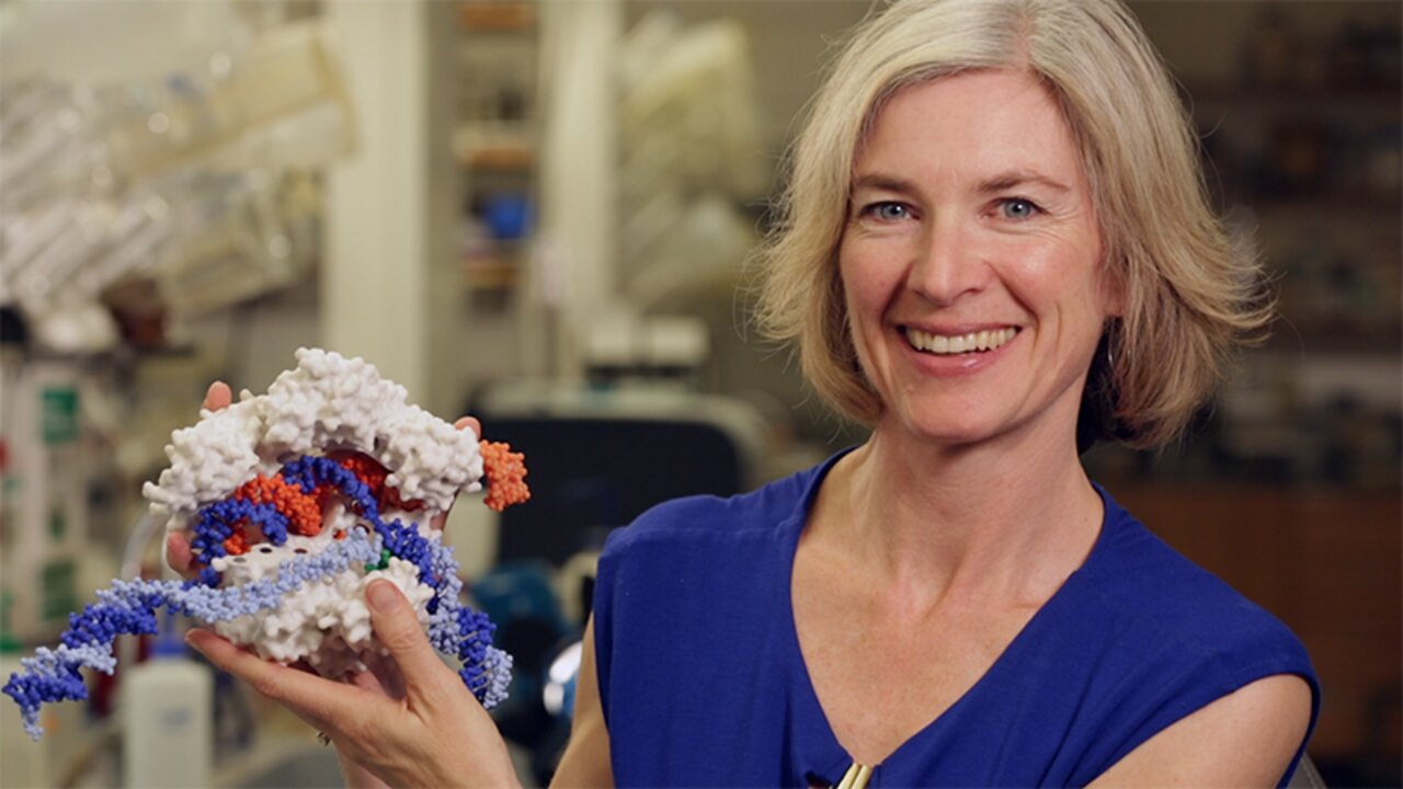 manbet手机版生物化学家Jennifer Doudna和CRISPR-Cas9模型。