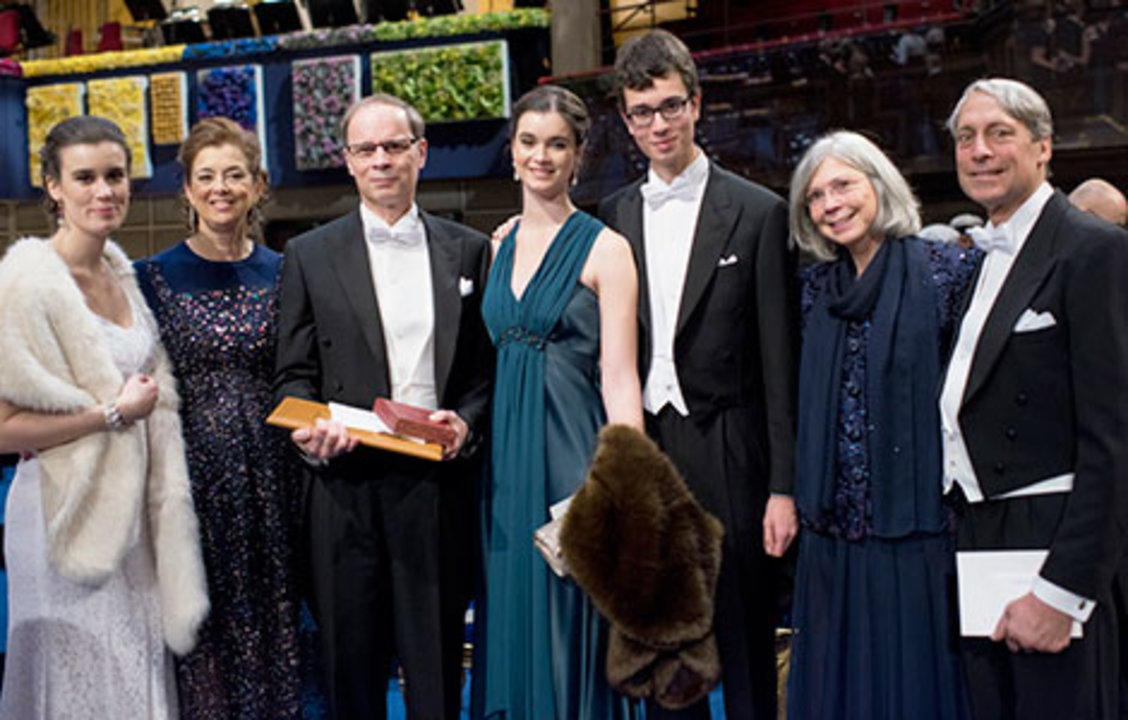 Jean Tirole with family and relatives on stage after the Nobel Prize Award Ceremony at the Stockholm Concert Hall, 10 December 2014.