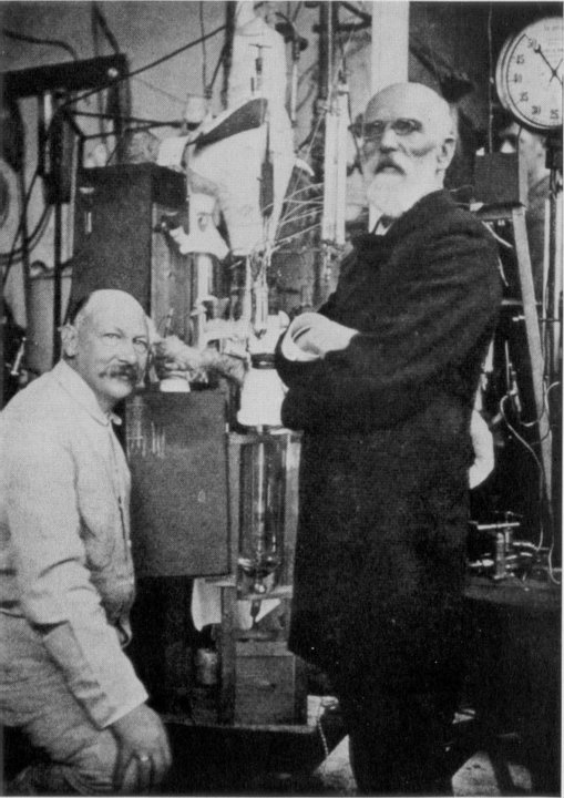 manbet手机版Heike Kamerlingh Onnes和Johannes Diderik van der Waals在莱顿的氦液化器前，1908年